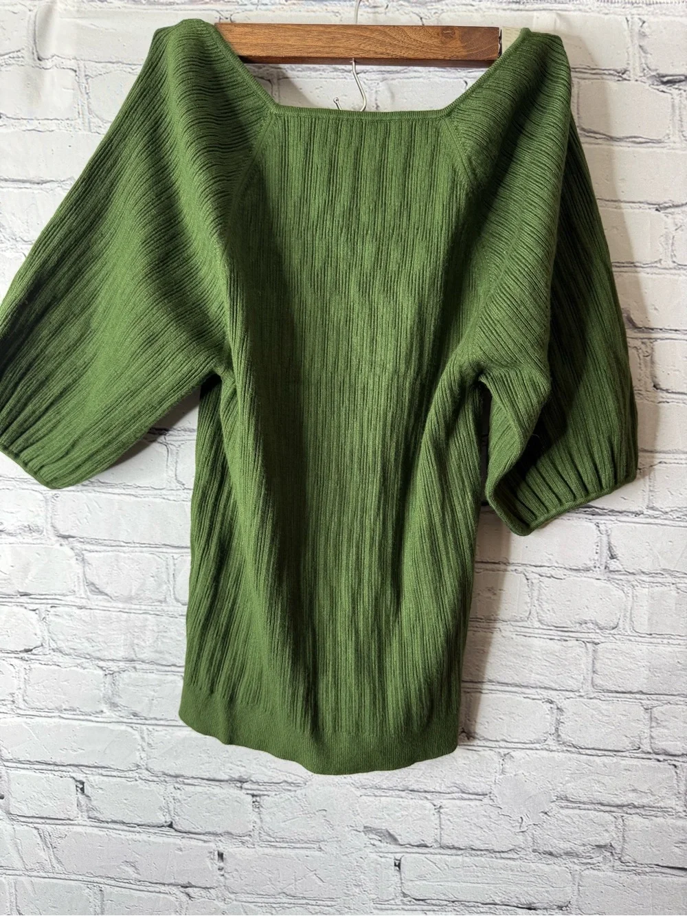 J. Crew Olive Green Square Neck Puff Sleeve Sweater size medium